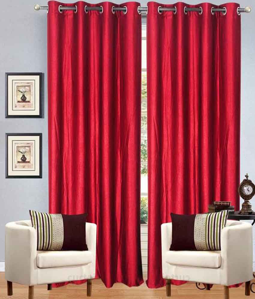     			Panipat Textile Hub Solid Semi-Transparent Eyelet Door Curtain 7 ft Pack of 2 -Red