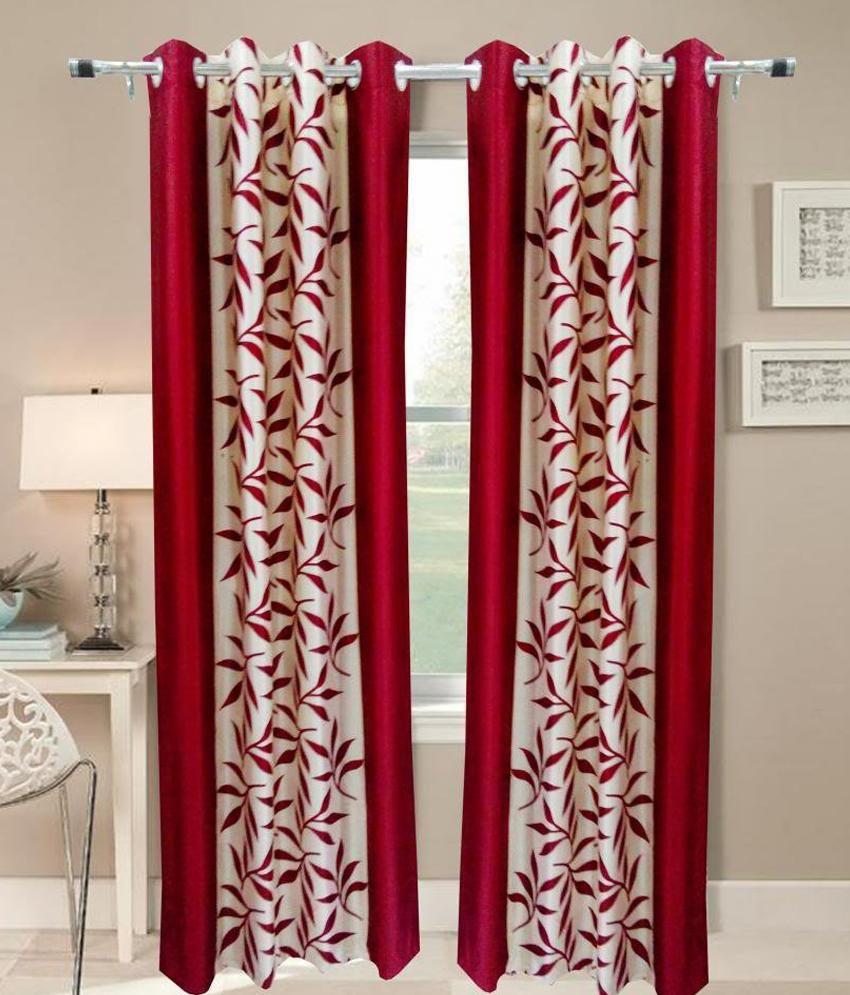    			Panipat Textile Hub Printed Semi-Transparent Eyelet Door Curtain 7 ft Pack of 2 -Red