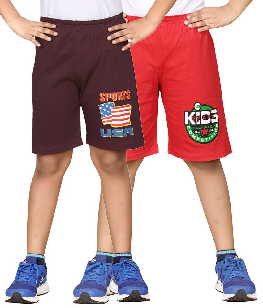     			Dongli Brown & Red Shorts For Boys Set Of 2