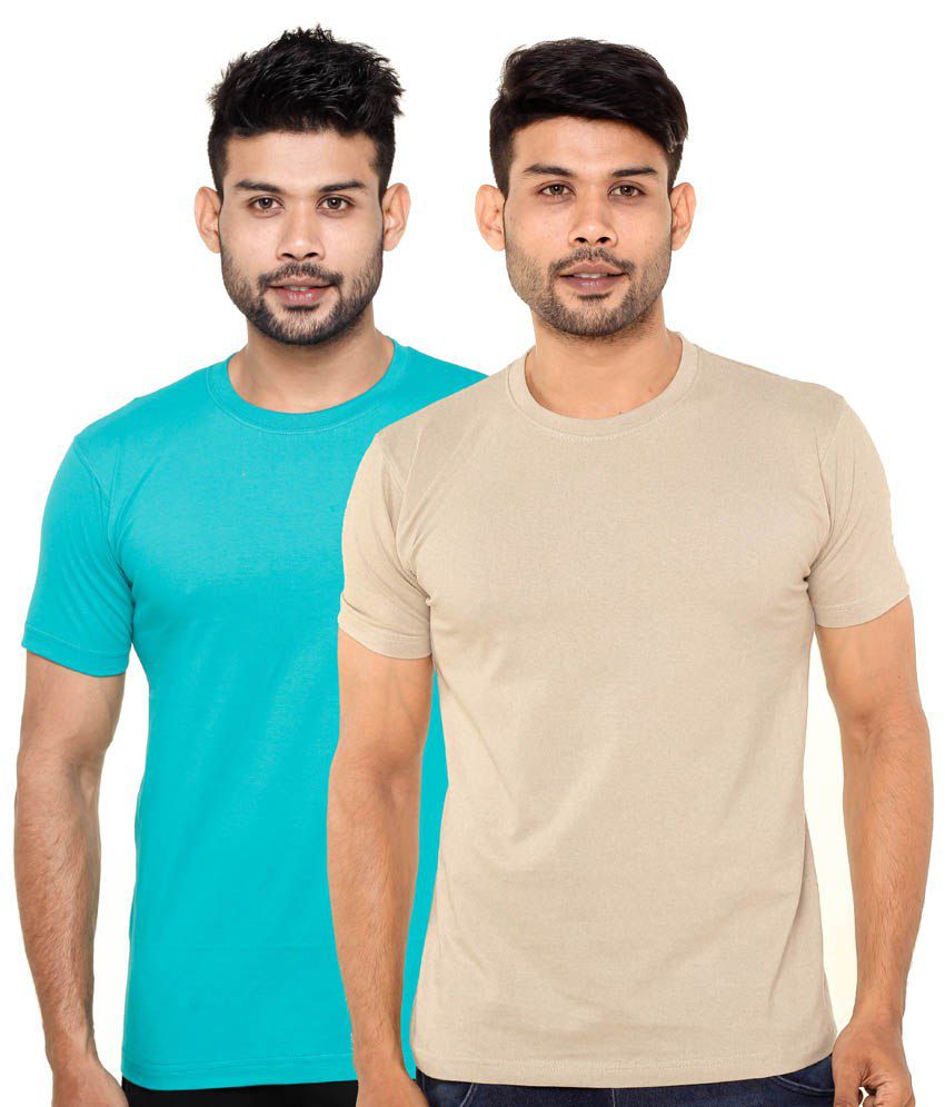     			Fleximaa Pack Of 2 Sky Blue & Beige Cotton T Shirts