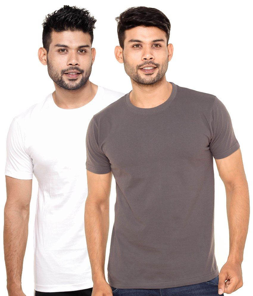     			Fleximaa Pack Of 2 White & Dark Gray Cotton T Shirts