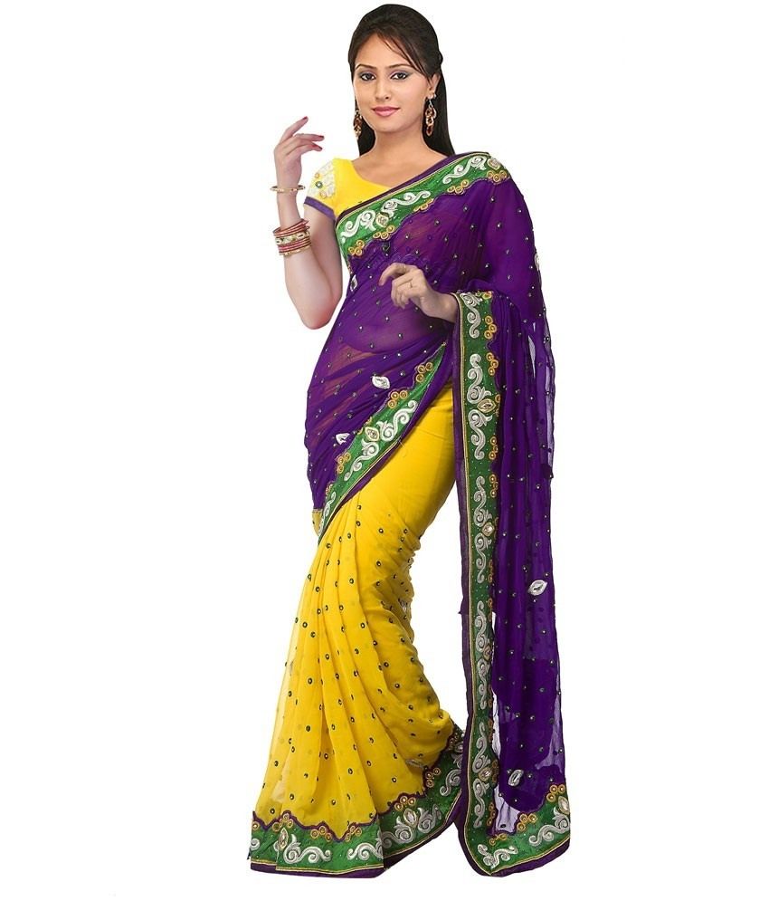 Poonam Saree Yellow Chiffon Saree - Buy Poonam Saree Yellow Chiffon ...