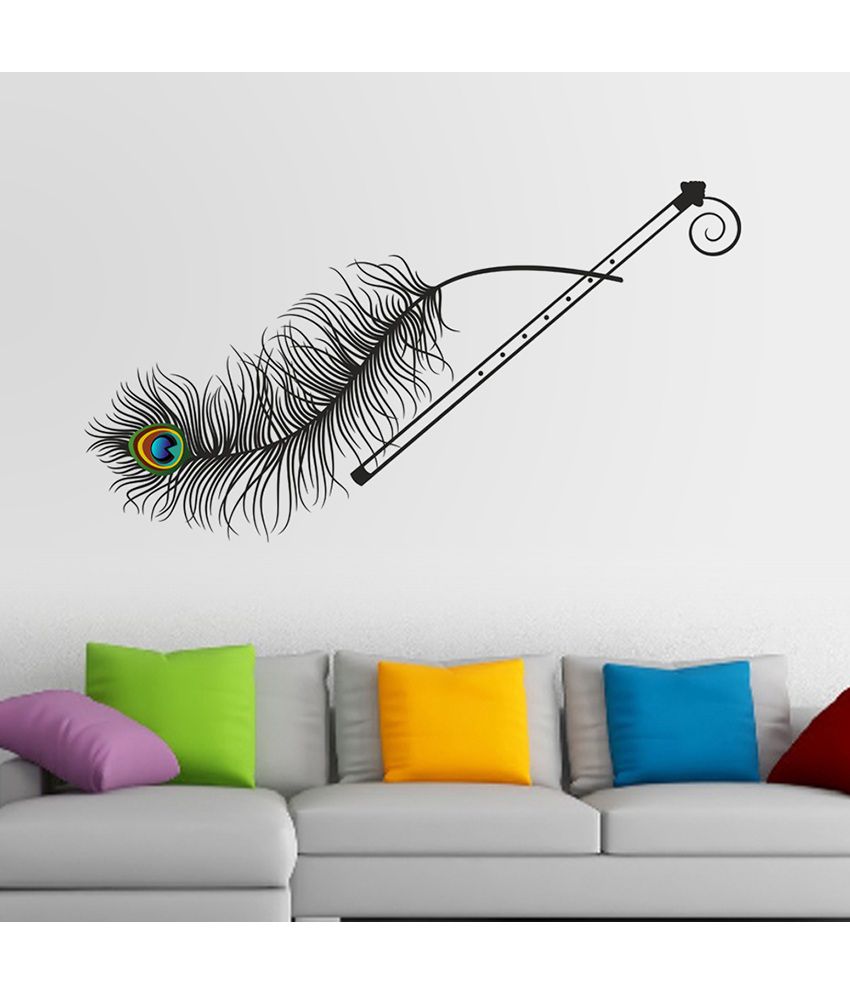     			HOMETALES Black Krishna Flute and Peacock Feather Wall Sticker ( 115 cm x 105 cm )