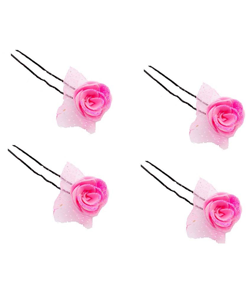 Sanjog Lovely Pink Flower Bun Pin U Shaped Hair Pin For Wedding