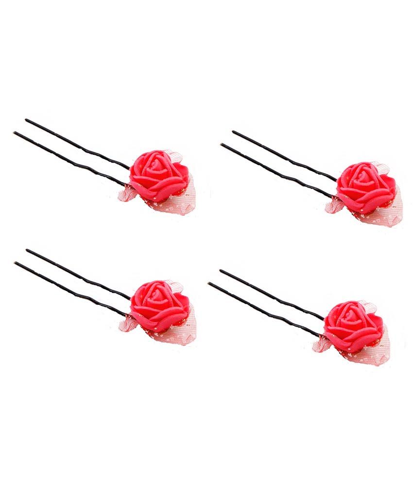 Sanjog Red Flower Bun Pin U Shaped Hair Pin For Wedding Party