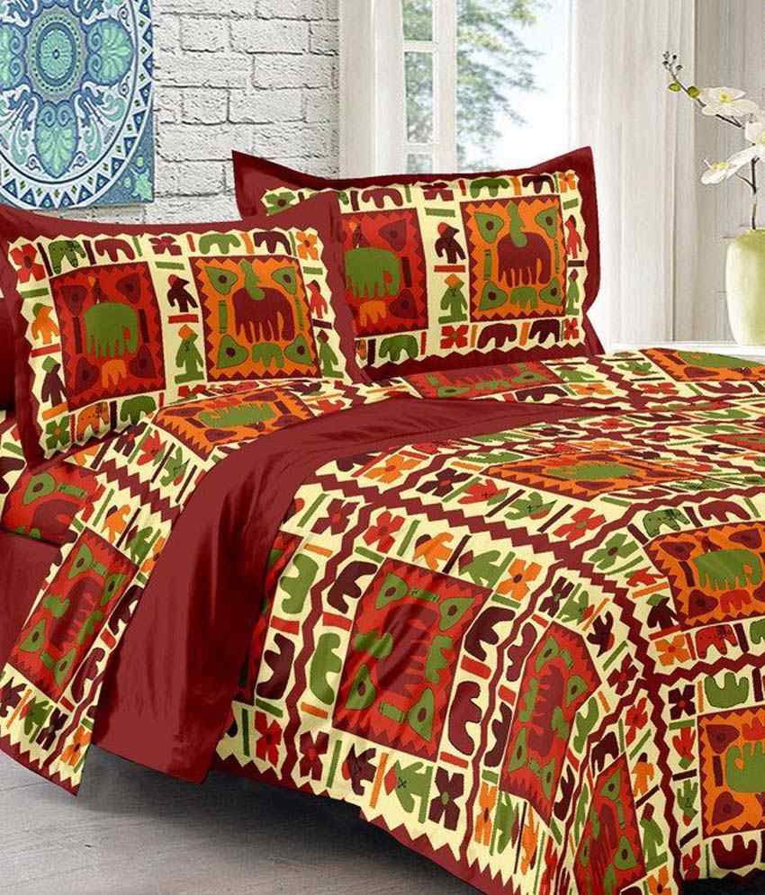     			UniqChoice Maroon 100% Cotton Rajasthani Double Bed Sheet With 2 Pillow Cover