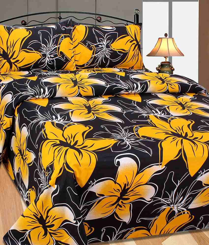 Pasricha Handlooms Black & Yellow Cotton Double Bed Sheet With 2 Pillow