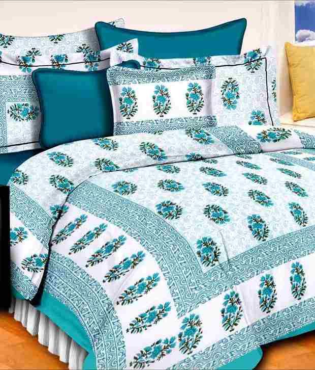     			UniqChoice Turquoise Buti Printed 100% Cotton Double Bed Sheet with 2 Pillow Cover