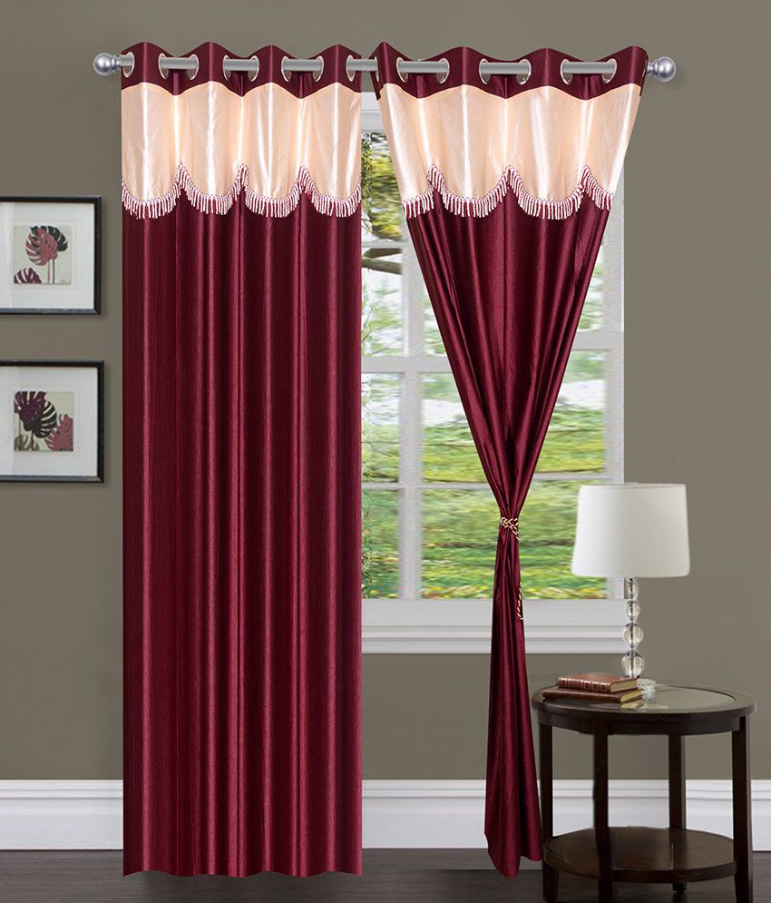     			Panipat Textile Hub Natural Semi-Transparent Eyelet Door Curtain 7 ft Pack of 2 -Red