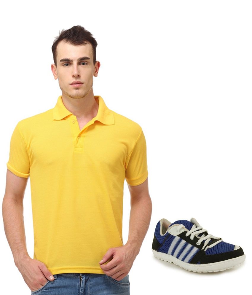 Lime Blue & Black Running Shoes and Yellow T Shirt Combo Buy Lime