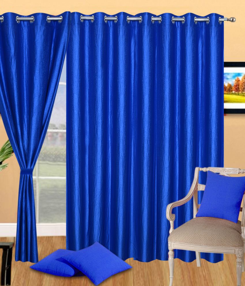     			Panipat Textile Hub Solid Semi-Transparent Eyelet Door Curtain 7 ft Pack of 8 -Blue