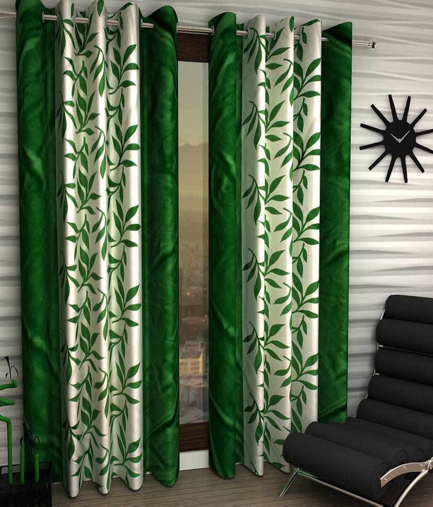     			Panipat Textile Hub Floral Semi-Transparent Eyelet Door Curtain 7 ft Pack of 8 -Green