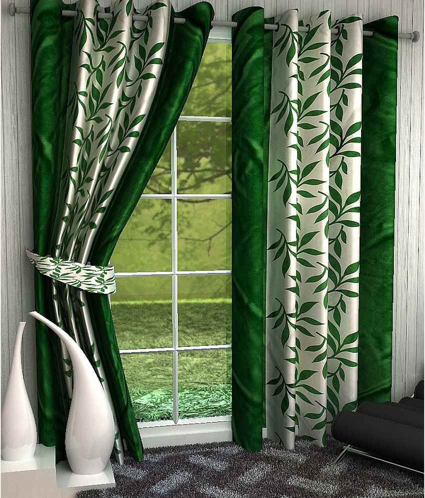     			Panipat Textile Hub Floral Semi-Transparent Eyelet Door Curtain 7 ft Pack of 8 -Green