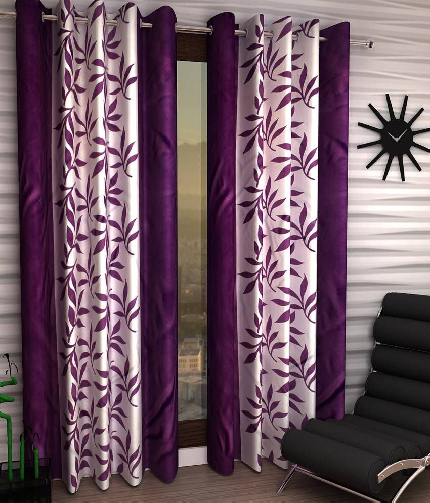     			Panipat Textile Hub Floral Semi-Transparent Eyelet Door Curtain 7 ft Pack of 8 -Purple