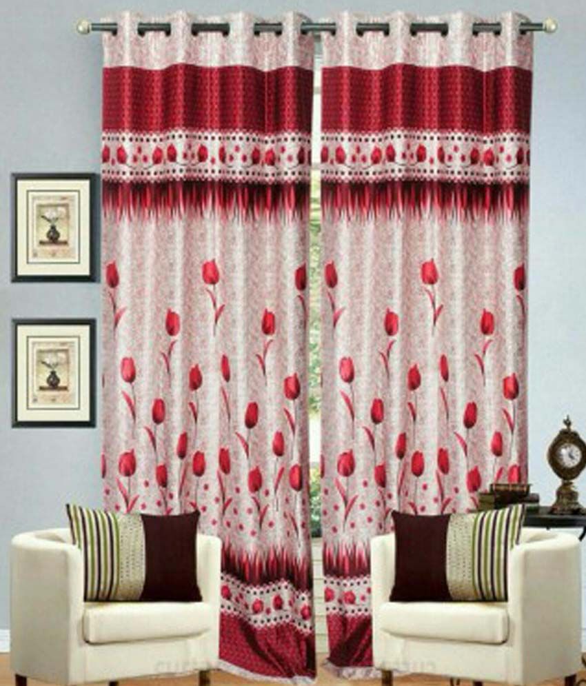     			Panipat Textile Hub Floral Semi-Transparent Eyelet Door Curtain 7 ft Pack of 8 -Red