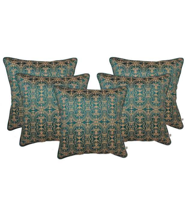     			Zubix Blue & Golden Polyester Cushion Covers Set Of 5