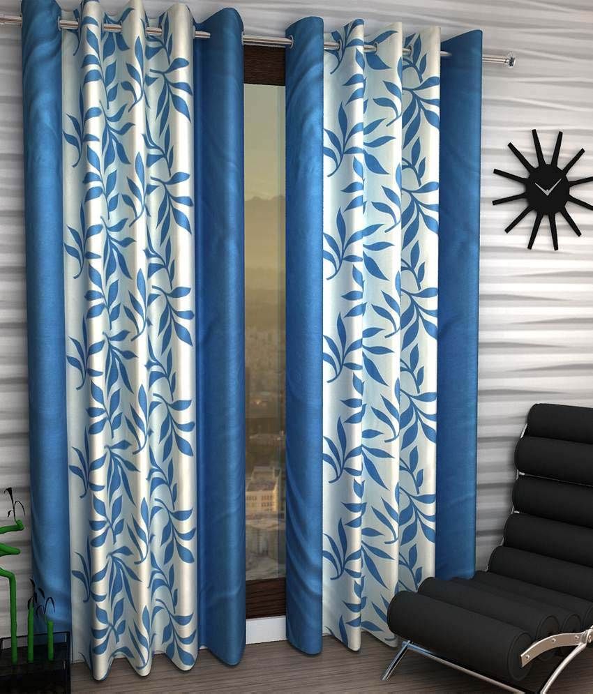     			Panipat Textile Hub Floral Semi-Transparent Eyelet Window Curtain 7 ft Pack of 2 -Blue