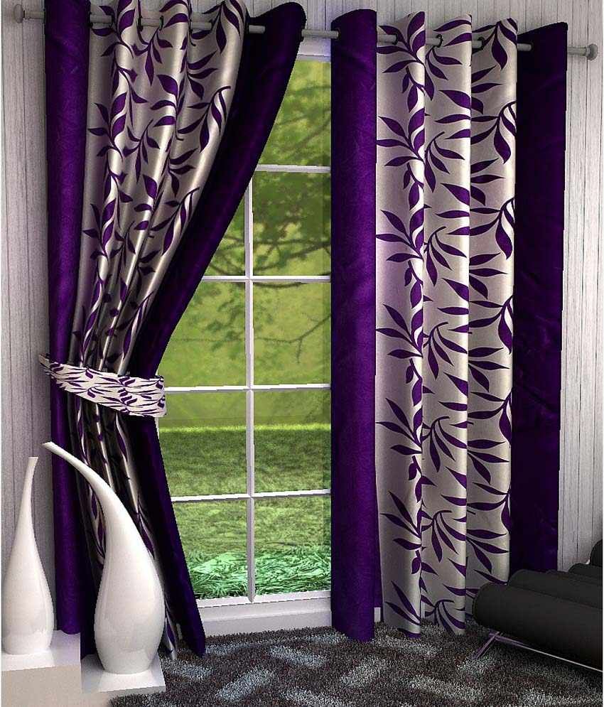     			Panipat Textile Hub Floral Semi-Transparent Eyelet Window Curtain 7 ft Pack of 2 -Purple