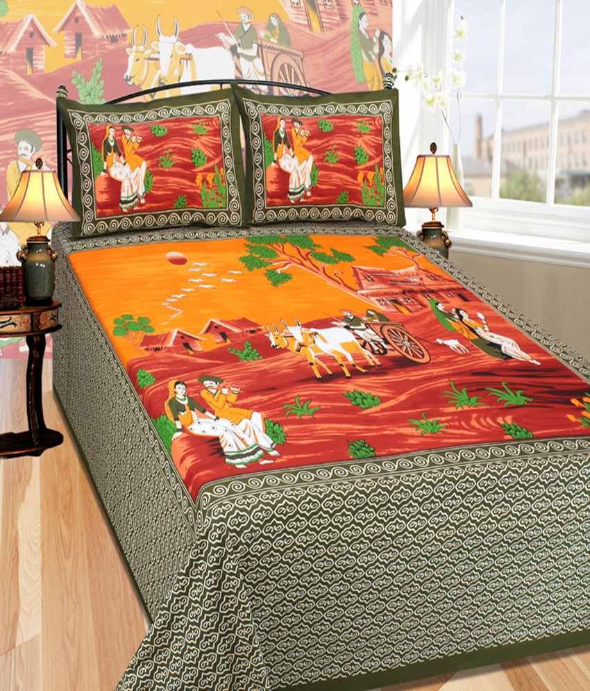 Panipat Textile Hub Multicolour Cotton Bedsheet With 2 Pillow Cover