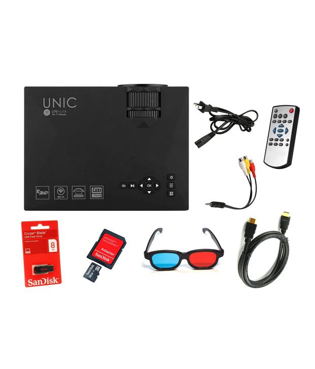     			UNIC UC46 Anaglyph 3D Mini LED Wi-Fi Projector with 8 GB Pendrive, HDMI Cable, Two 3D Glasses and SD Card Adaptor
