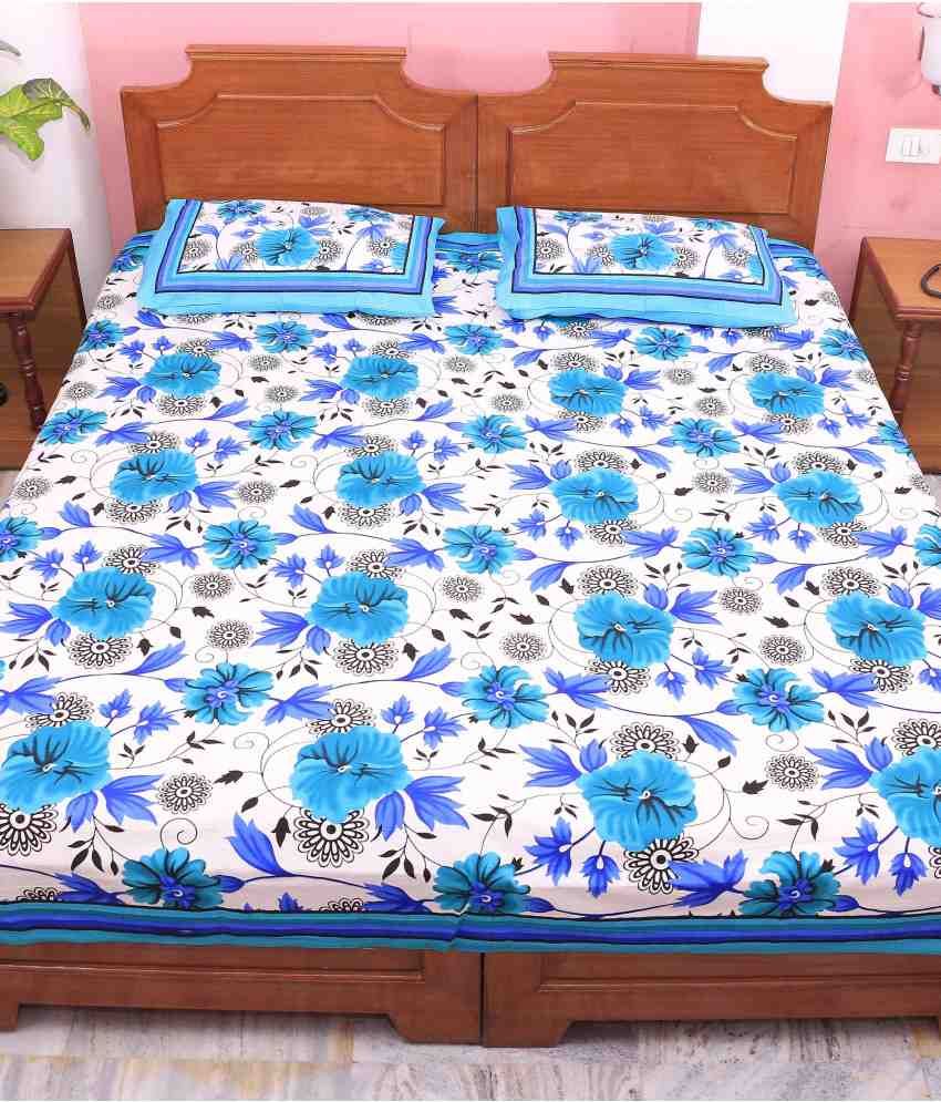 Jaipuri Sanganeri Blue and White Floral Cotton Double Bedsheet with 2