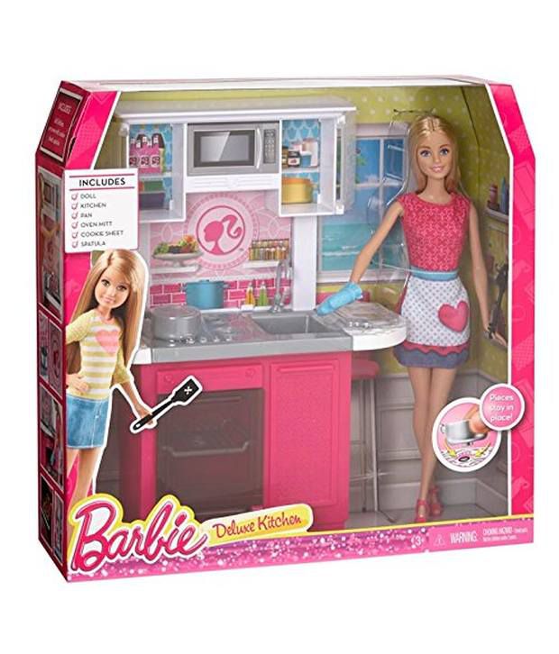 barbie doll and kitchen set