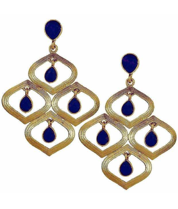     			The Jewelbox Blue Coloured Bead Brass Gold Plated Hanging| Dangle Earrings