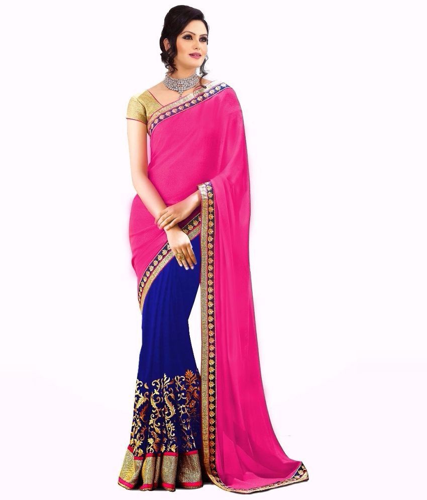     			Bhuwal Fashion Pink and Blue Georgette Saree