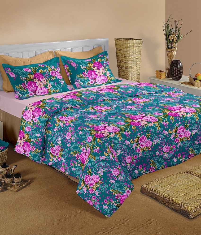Raymond Home Blue and Pink Cotton Double Bedsheets with 2 Pillow Covers