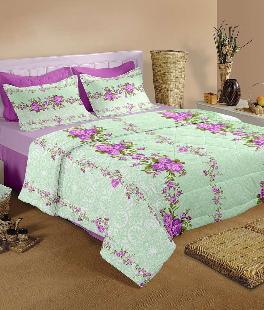 Raymond Home Green and Purple Cotton Double Bedsheets with 2 Pillow
