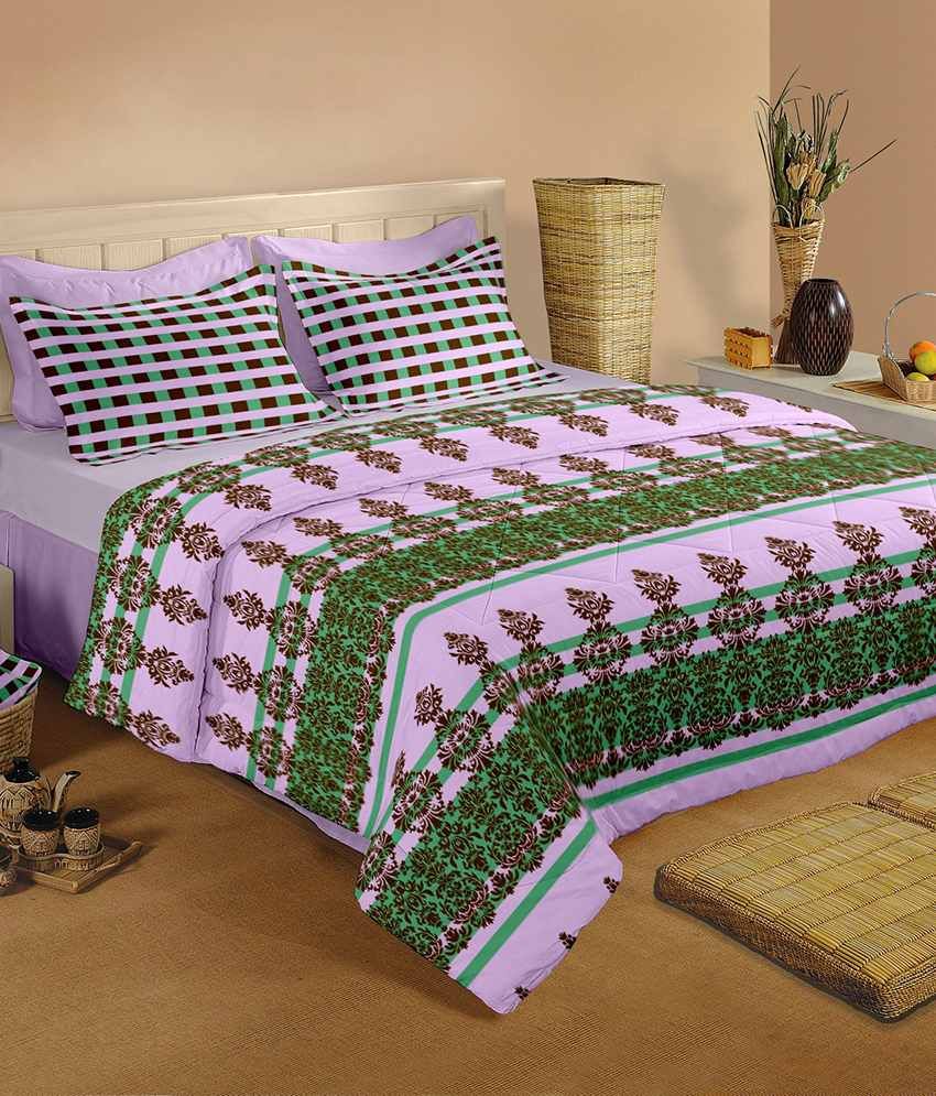 Raymond Home Purple and Green Cotton Double Bedsheets with 2 Pillow