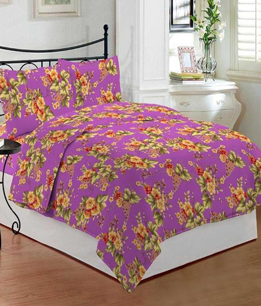 Bombay Dyeing Purple Printed Cotton Bedsheet with Two Pillow Covers