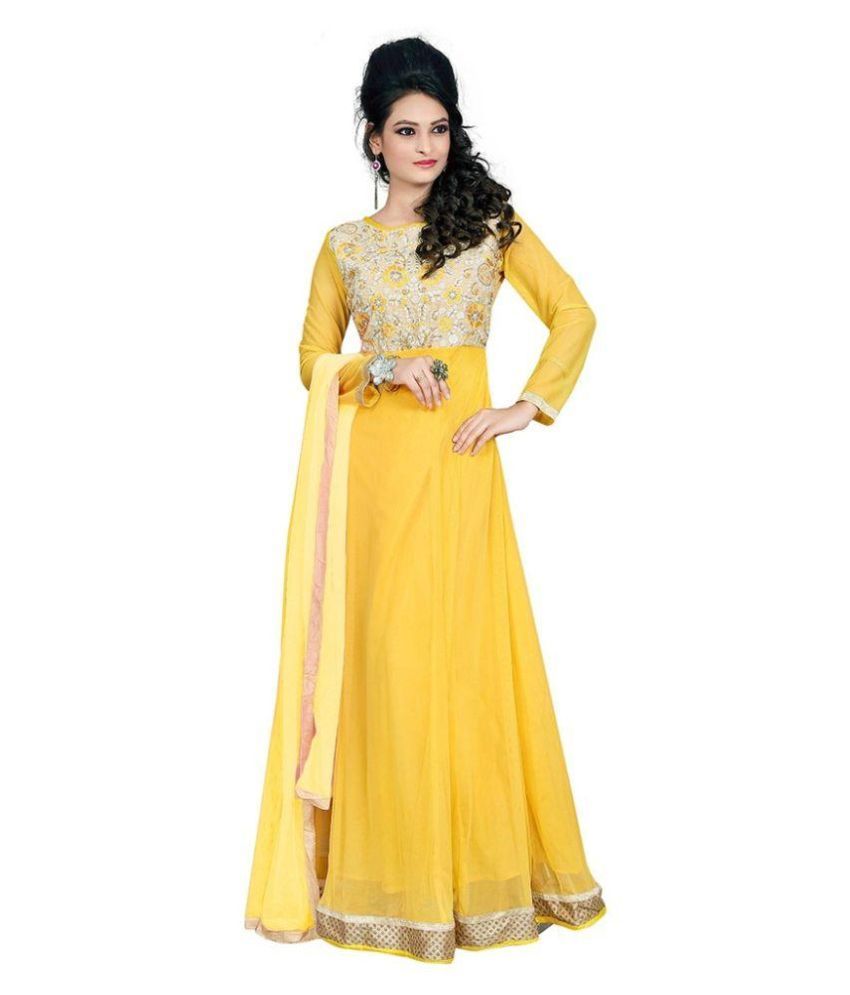 R J FEBRIC Yellow Net Anarkali Semi Stitched Dress Material - Buy R J ...