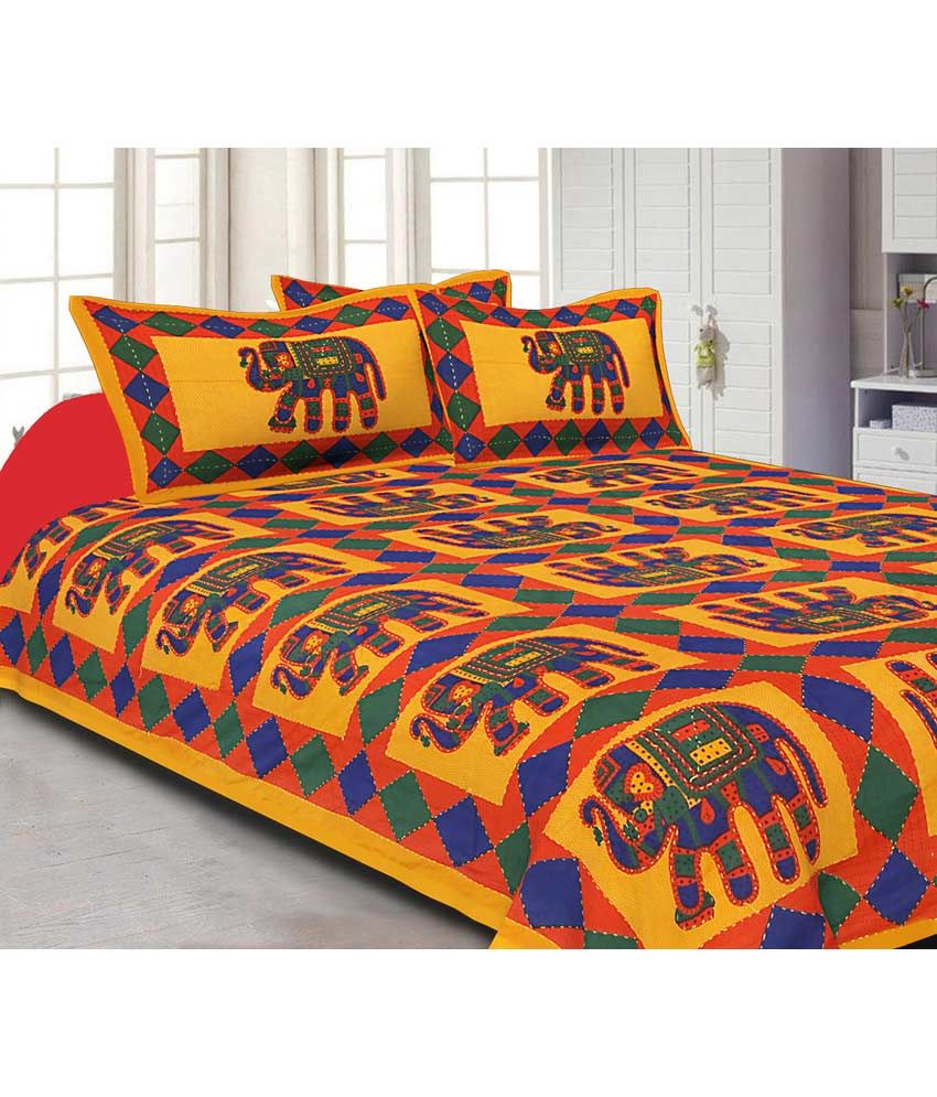 Jaipuri Haat Cotton Bedsheet with 2 Pillow Covers Multicolored Buy