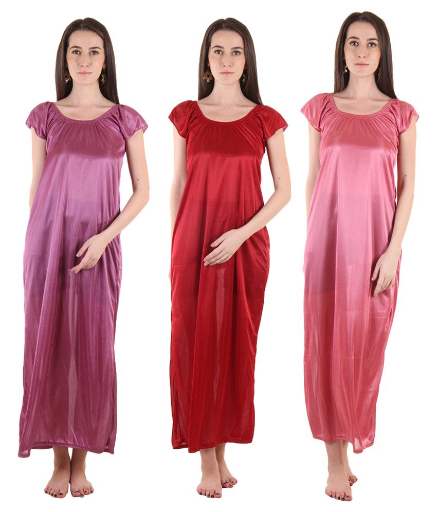 Buy Famaya Multi Color Satin Nighty & Night Gowns Pack of 3 Online at
