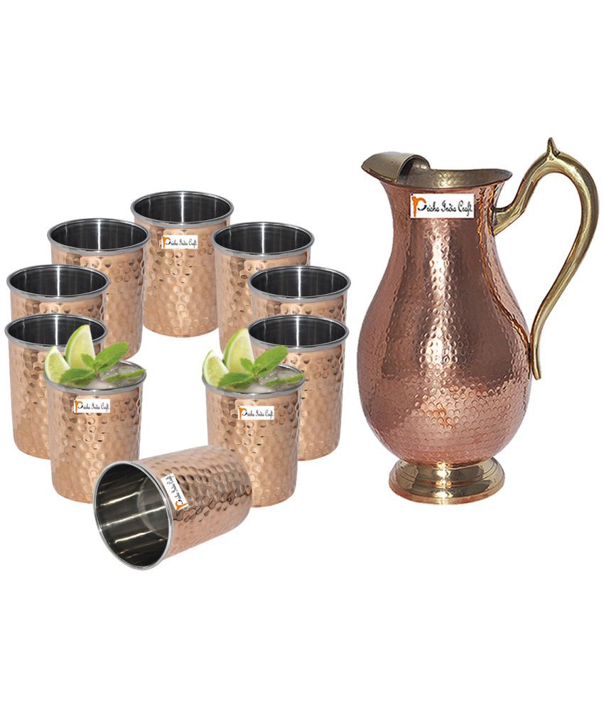 Prisha India Craft Copper Jug Royal JUG 2000 ML / 67.63 oz with Ten 10 Glass Drinkware Set of Jug and Glass