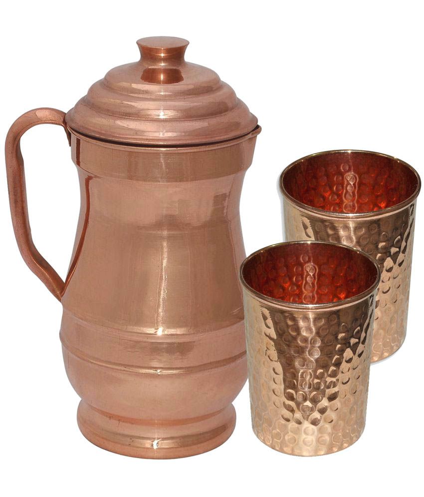 Prisha India Craft DIWALI GIFT - Pure Copper Jug ( MAHARAJA JUG 1900 ML / 64.25 oz ) with Two Glass