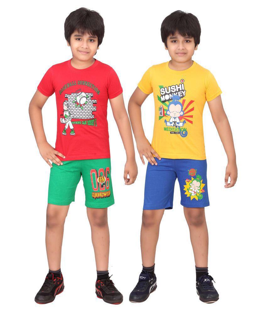 Dongli Multicolor Cotton T-Shirt with Shorts - Pack of 2