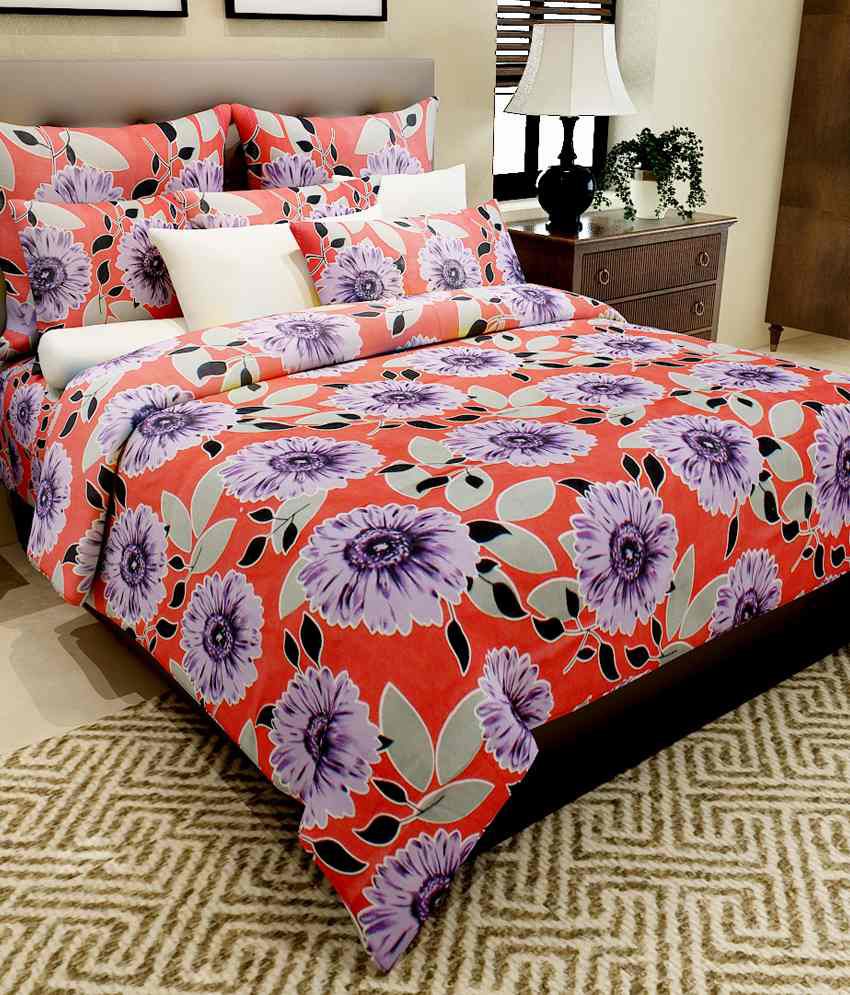     			Home Candy Purple Floral Cotton Double Bedsheet With 2 Pillow Cover