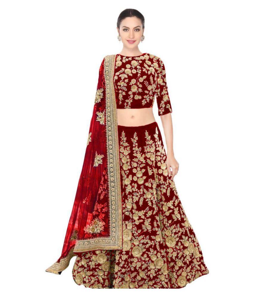 Fabron Maroon Velvet A line Semi Stitched Lehenga