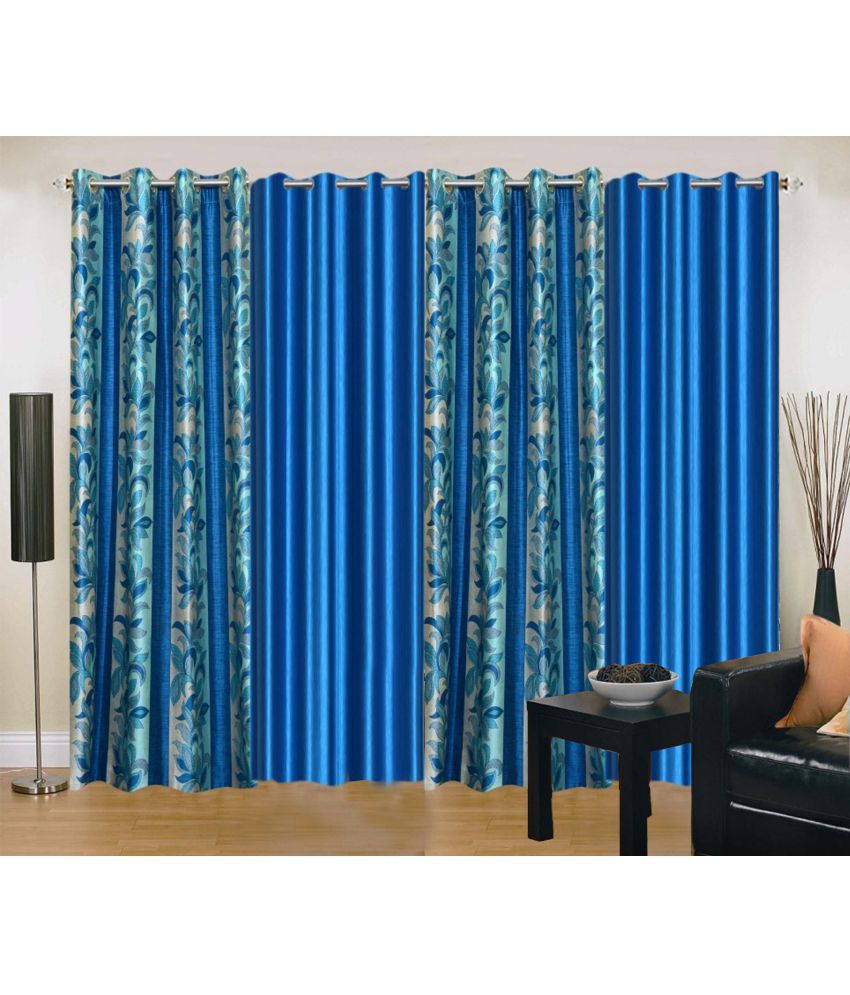     			Stella Creations Set of 4 Long Door Eyelet Curtains Floral Blue