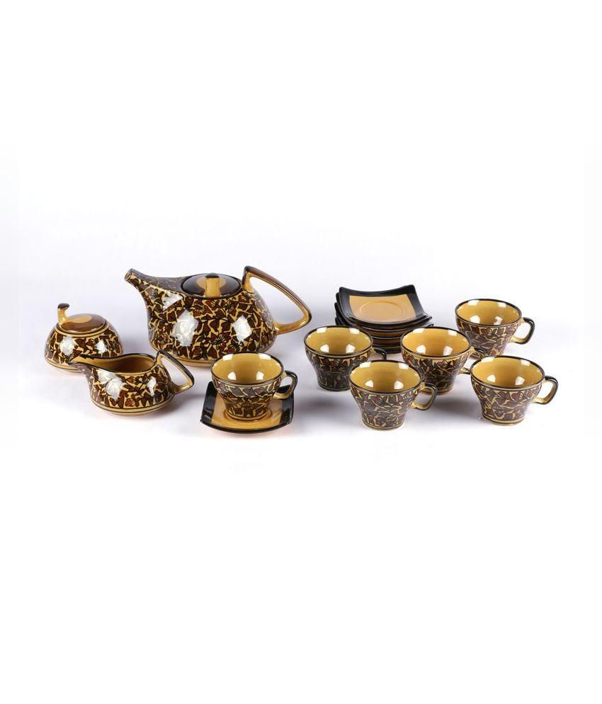 Unravel India Ceramic Handpainted Brown Tea Set (15 Pieces) Buy Online