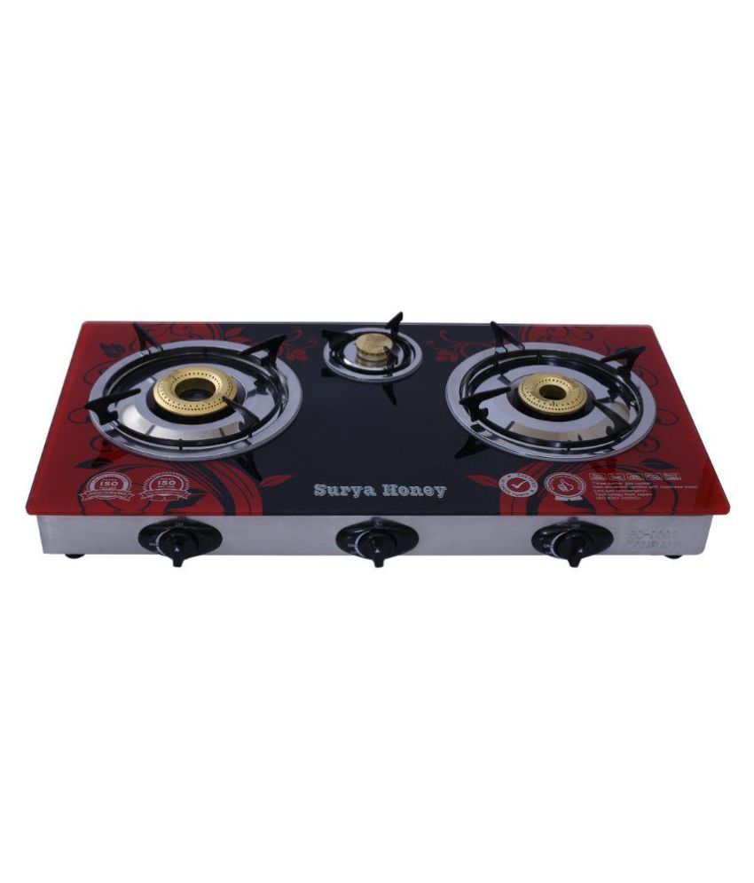 Surya Aksh sh_3_redblack_leaves 3 Burner Glass Auto Gas Stove Price in