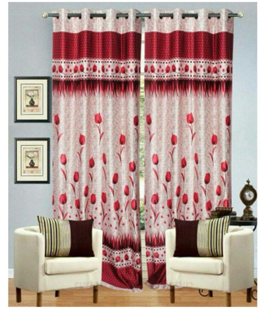     			Panipat Textile Hub Floral Semi-Transparent Eyelet Door Curtain 7 ft Pack of 2 -Red