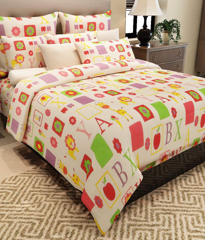     			Home Candy Alphabets Cotton Double Bed Sheet with 2 Pillow Covers Kids Bedsheet