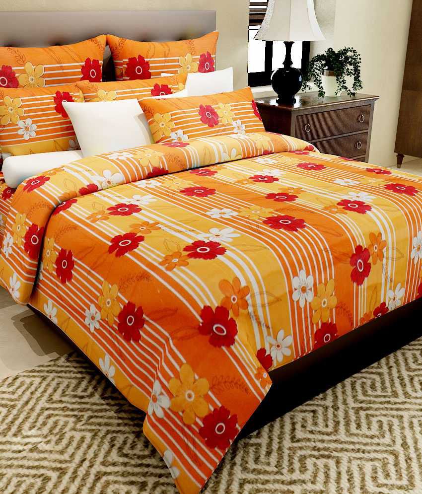     			Home Candy Orange Floral Cotton Double Bedsheet With 2 Pillow Cover