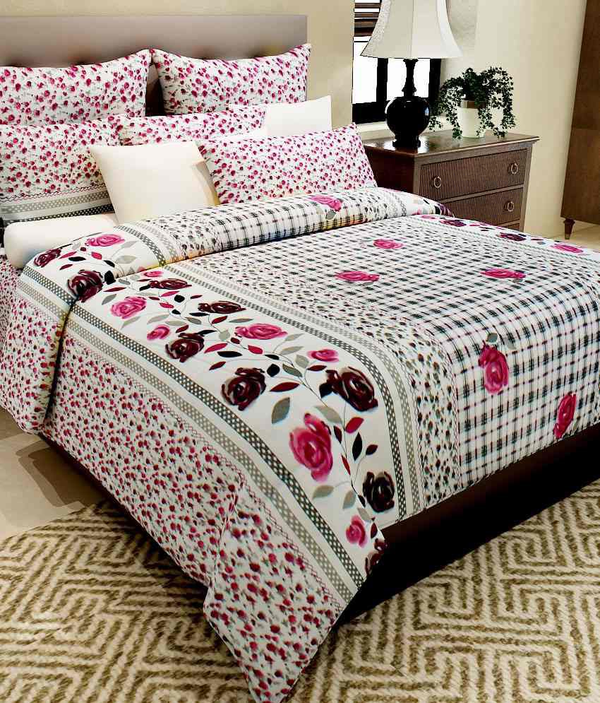     			Home Candy White & Red Floral Cotton Double Bed Sheet & 2 Pillow Covers