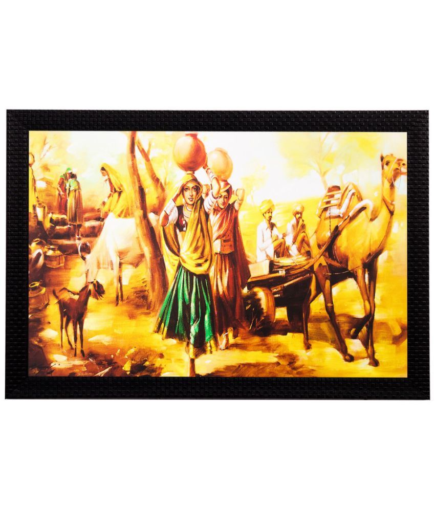     			eCraftIndia Yellow Village Ladies UV Wall Art