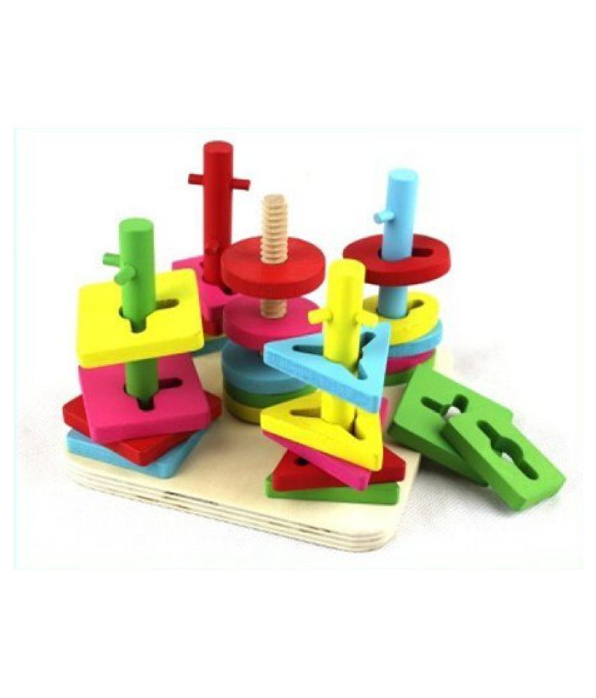 Vidatoy Wooden Colorful Geometry Column Shape Sort Building Blocks Set