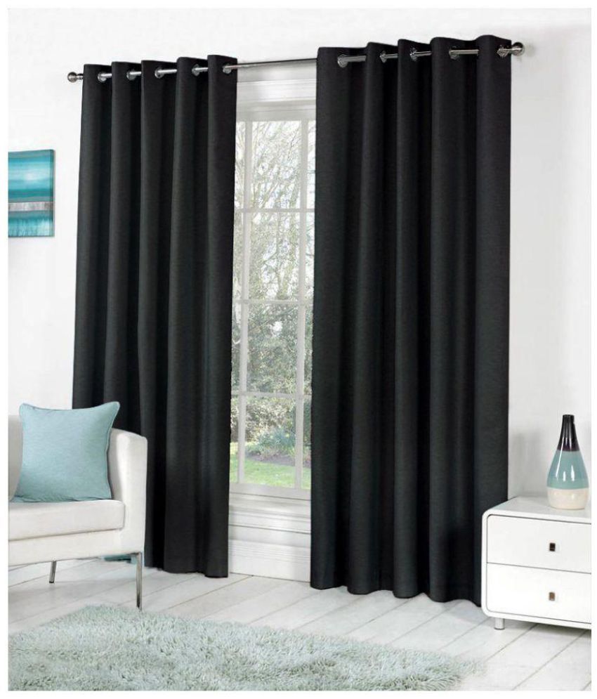     			Panipat Textile Hub Solid Semi-Transparent Eyelet Door Curtain 7 ft Pack of 2 -Black